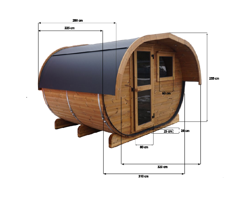 Bemaßung der Oval Sauna Kolmikko, Außen- und Konstruktionsmaße