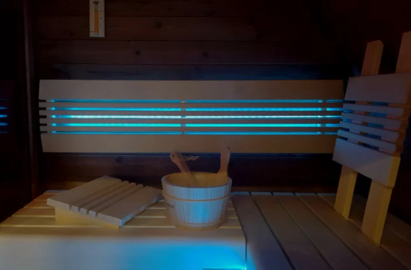 Oval Sauna Premium mit blauem Farbwechsler-Innenraumlicht