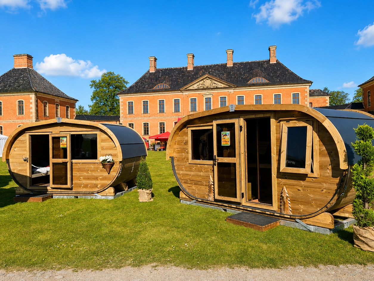 Fasssaunen auf dem Messestand von Fasssauna.de vor Schloss Bothmer in Klütz