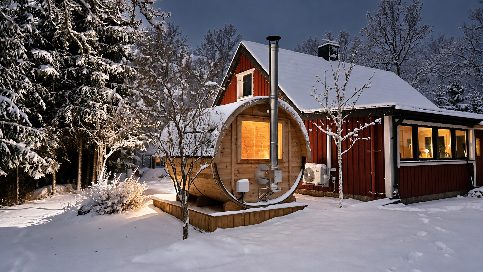 Fass-Sauna mit Holzofen und großem Fenster im verschneiten Garten in der Abenddämmerung