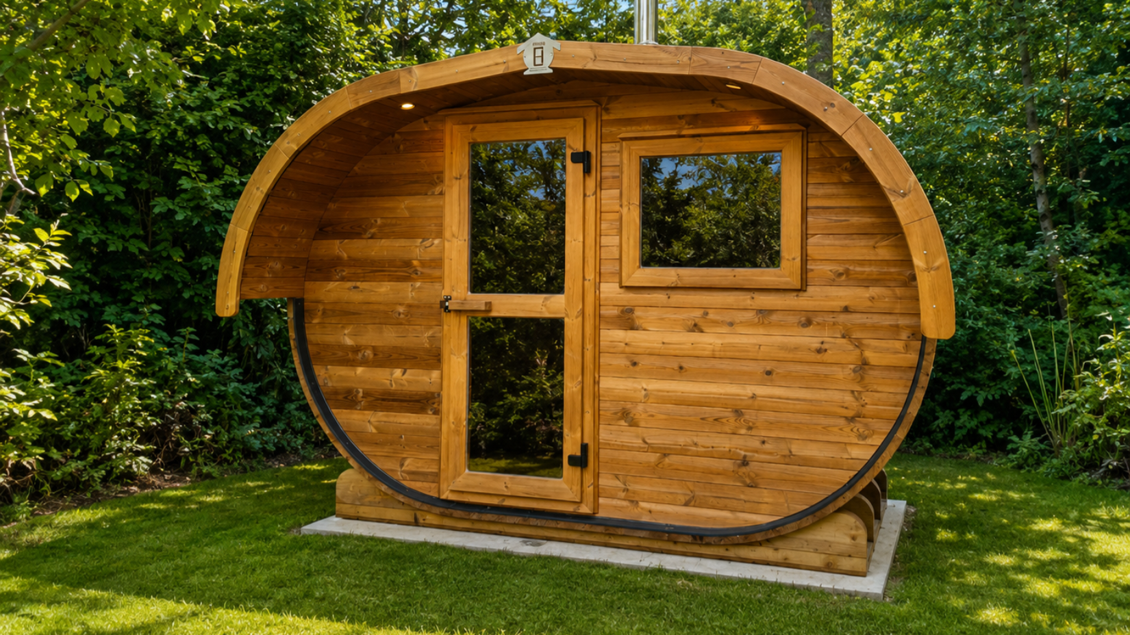 Oval Sauna Kolmikko aus Thermoholz mit Glastür, Frontfenster und Schornstein im Garten