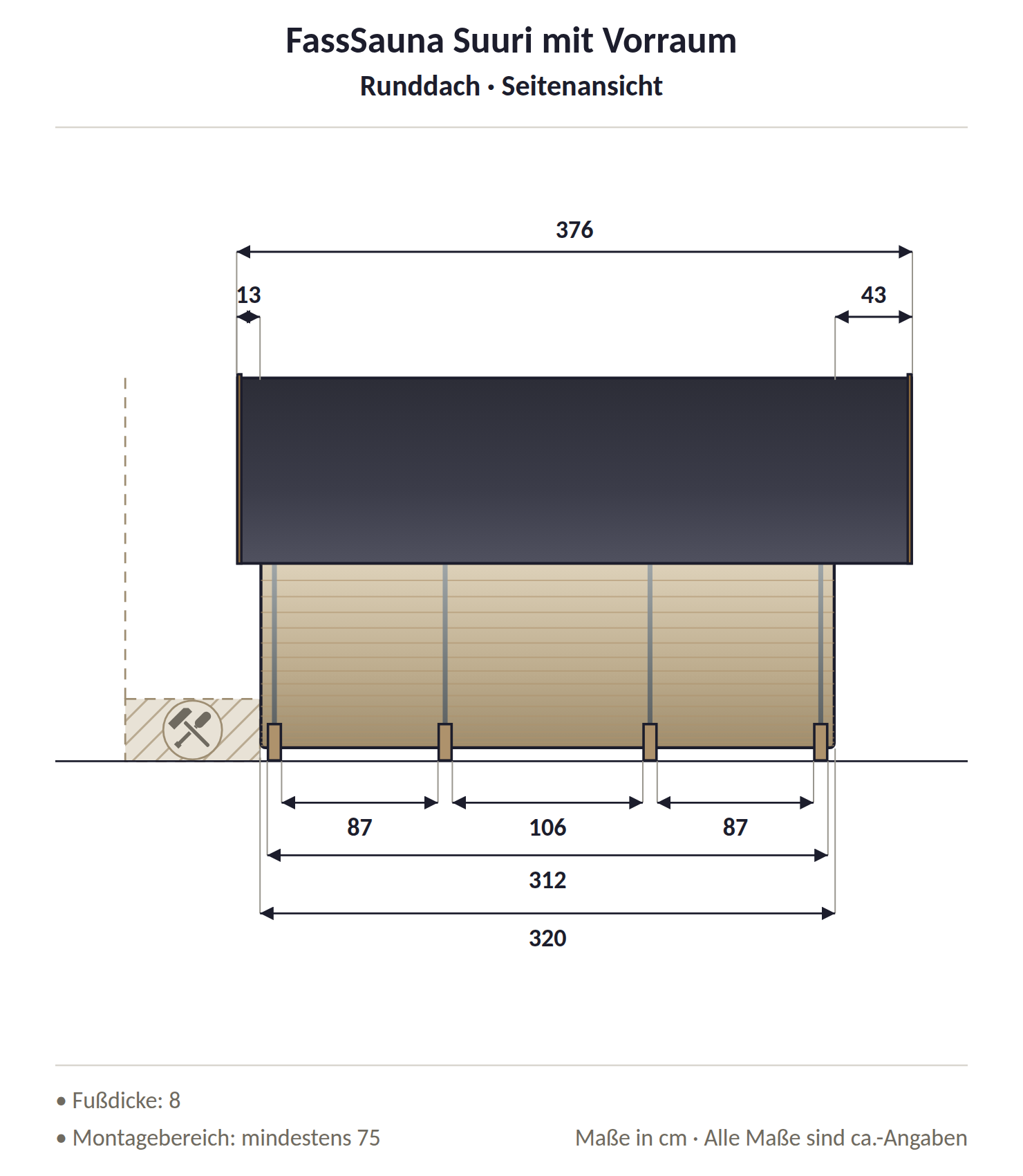 FassSauna Suuri Vorraum - Runddach Seitenansicht