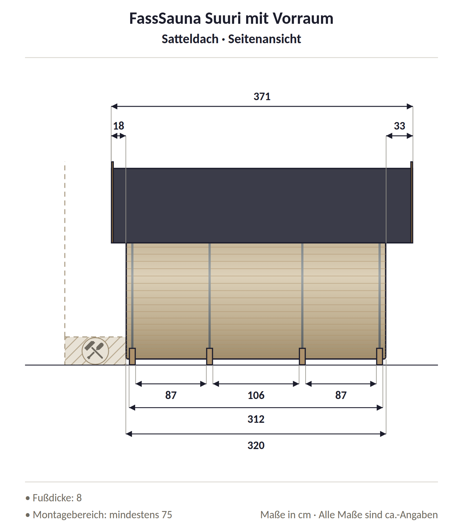 FassSauna Suuri Vorraum - Satteldach Seitenansicht