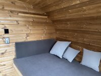 Premium Ovalsauna aus 45mm Thermofichte mit Runddach - Aus Ausstellung (incl. Ofen)